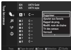 UKTV Gold UKTV style Supprimer Ajouter aux favors Rappel de prog. Modifi. nom de chaîne Tri des canaux Verrouil. 824 825 All A 1 C -- 2 C -- 3 C -- 4 C -- 5 C -- 6 C -- 7 C -- 8 C -- Tous Type de canal Zoom Sélection Outils