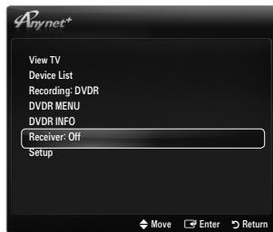 Anynet* View TV Device List Recording: DVDR DVDR MENU DVDR INFO Receiver: Off Setup Move Enter Return