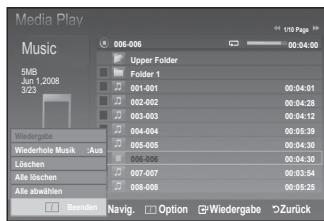Media Play Music 5MB Jun 1,2006 3/23 Widergabe Wiederhole Musik -Aus Löschen Alle Höchen Alle abwählen Navig. Option Wiedergabe Zurück