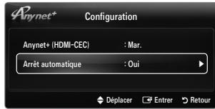 Anynet* Configuration Anynet+ (HDMI-CEC) : Mar. Arrêt automatique : Oui Déplacer Entrer Retour