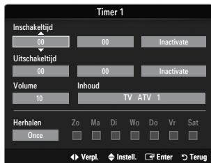 Timer 1 Inschakeltijd 00 00 Inactivate Uitschakeltijd 00 00 Inactivate Volume 10 Inhoud TV ATV 1 Herhalen Once Zo Ma Di Wo Do Vr Sat Verpl. Instell. Enter Terug