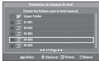Paramètres de musique de fond Choisir les fichiers pour le fond musical. Upper Folder 01-001 02-002 03-003 04-004 05-005 1/1 Page ► Sélect. Déplacer Entrer Retour
