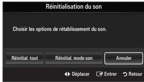 Réinitialisation du son Choisir les options de rétablissement du son. Réinitial. tout Réinitial. mode son Annuler Déplacer Entrer Retour