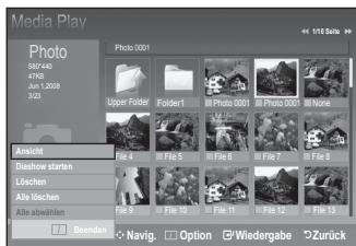 Media Play Photo 5/14/06 4/06 Jun 1 2008 3/03 Photo 0001 Upper Folder Folder1 Photo 0001 Photo 0001 None Ansicht Diashow starsen Löschen Alle löschen Alle abwählen File 4 File 5 File 6 File 7 File 8 File 9 File 10 File 11 File 12 File 13 Beenden Navig. Option Wiedergabe Zurück