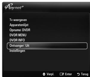 Anynet* Tv weergven Apparatenlist Oname: DVDR DVDR MENU DVDR INFO Ontvanger: Uit Instellingen Verpl. Enter Terug