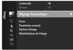 Luminosité : 45 Netteité : 50 Réglage Automatique Ecran Paramètres avancés Options d'image Réinitialisation de l'image