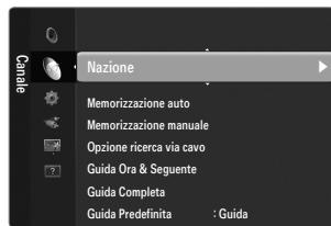 Nazione Memorizzazione auto Memorizzazione manuale Opzione ricerca via cavo Guida Ora & Seguente Guida Completa Guida Predefinita : Guida