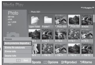 Media Play Photo Sino 440 4506 Jun 1 2008 3/23 Photo: 0001 Upper Folder Folder1 ✓ Photo 0001 ✓ Photo 0001 None Visione Aniva protezione dispositivo Elimina le selezionato Elimina tutto Deselze tutto File 4 File 5 File 6 File 7 File 8 File 9 File 10 File 11 File 12 File 13 End Sposta Opzione Riproduci Ritorno