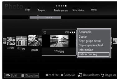 Photo Color Carpeeta Preferences Vista básica Fecha 5/15 ★★★★ 1231.jpg 1230.jpg 1231.jpg 1234.jpg Sequencia Copiar Repr. grupo actual Copiar grupo actual Información Retirar con seg SUM Dispositivo conf fav Selección Herramientas Regresar