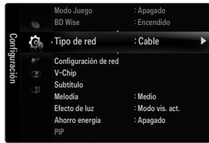 Modo Juego : Apagado BD Wise : Encendido • Tipo de red : Cable Configuración de red V-Chip Subtítulo Melodia : Medio Efecto de luz : Modo vis. act. Ahorro energía : Apagado PIP