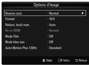 Options d'image Nuance coul. : Normal Format : 16:9 Réduct. bruit num. : Auto Nv nr HDMI : Normal Mode Film : Off Mode bleu seu. : Off Auto Motion Plus 120Hz : Standard Dépl. Intro. Retour