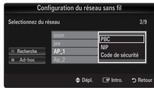 Configuration du réseau sans fil Selectionnez du réseau 3/9 sson PBC jee NIP AP_1 Code de sécurité AP_2 Recherche Ad-hoc Displ. Intro. Retour