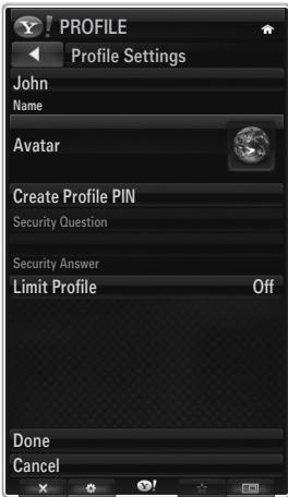 PROFILE Profile Settings John Name Avatar Create Profile PIN Security Question Security Answer Limit Profile Off Done Cancel