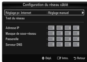 Configuration du réseau câblé Réglage pr. Internet : Réglage manuel Test du réseau Adresse IP : 0 0 0 0 Masque de sous-réseau : 0 0 0 0 Passerelle : 0 0 0 0 Serveur DNS : 0 0 0 0 Dépl. Intro. Retour