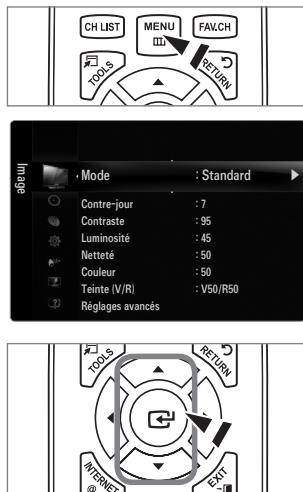 CH LIST MENU FAV.CH TOOLS RETURN Mode : Standard Contre-jour : 7 Contraste : 95 Luminosité : 45 Netteé : 50 Couleur : 50 Teinte (V/R) : V50/R50 Réglages avancés TOOLS RETURN INTERNET EXIT