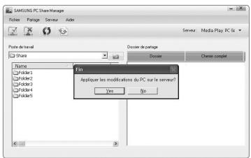 SAMSUNG PC Share Manager Folier Parage Serveur Aden Porte de travail Share Dossier de parage Diosse Chequer complet Name Folder1 Folder2 Folder3 Folder4 Folder5 File Applique les modifications du PC sur le serve? Yes No