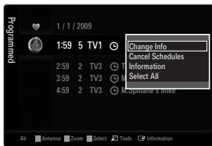 1 / 1 / 2009 Change Info Cancel Schedules Information Select All Air Antenna Zoom Select Tools Information