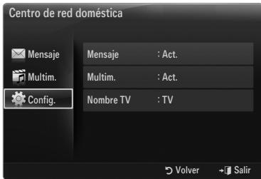 Centro de red doméstica Mensaje : Act. Multim. : Act. Config. Nombre TV : TV Volver Salir
