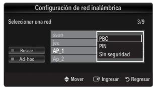 Configuración de red inalámbrica Seleccionar una red 3/9 sson PBC jee PIN AP_1 Sin seguridad Ap_2 Mover Ingresar Regresar