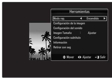 Herramientas Modo rep: Encendido Configuración de la imagen Configuración del sonido Imagen Tamaño : Ajustar Configuración subtitulo Información Retirar con seg Mover Ajustar Salir