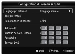 Configuration du réseau sans fil Réglage pr. Internet : Réglage manuel Test du réseau Sélectionnez un réseau : AP1 Adresse IP : 0 0 0 0 Masque de sous-réseau : 0 0 0 0 Passerelle : 0 0 0 0 Serveur DNS : 0 0 0 0 Dépl. Intro. Retour