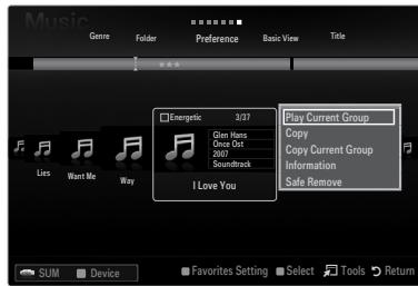 Music Genre Forder Preference Basic View Title Energetic 3/27 Play Current Group Glen Hens Copy Ours Out Information Soundtrack Safe Remove I Love You SUM Device Favorites Setting Select Tools Return