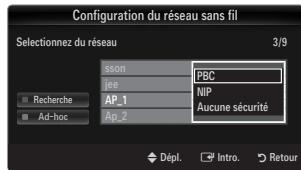 Configuration du réseau sans fil Selectionnez du réseau 3/9 sson PBC jee NIP AP_1 Aucune sécurité AP_2 Recherche Ad-hoc Dépl. Intro. Retour