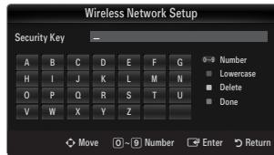 Wireless Network Setup Security Key — A B C D E F H I J K L M N O P Q R S T U V W X Y Z ■ Number ■ Lowercase ■ Delete ■ Done Move 0 9 Number Enter Return
