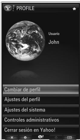 PROFILE Usuario John Cambiar de perfil Ajustes del perfil Ajustes del sistema Controles administrativos Cerrar sesión en Yahoo!