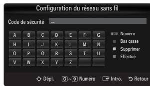 Configuration du réseau sans fil Code de sécurité A B C D E F G H I J K L M N O P Q R S T U V W X Y Z Numéro Bas casse Supprimer Effectué Dépl. 0 9 Numéro Intro. Retour