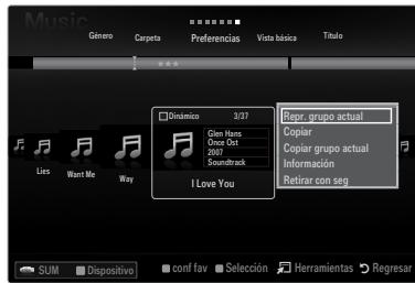 Music Género Carpeta Preferencias Vista básica Titulo Dinámico 3/27 Glen Hens Clock Out 2007 Soundtrack I Love You Resr, grupo actual Copiar Copiar grupo actual Información Retirar con seg SUM Dispositivo conf fav Selección Herramientas Regresar