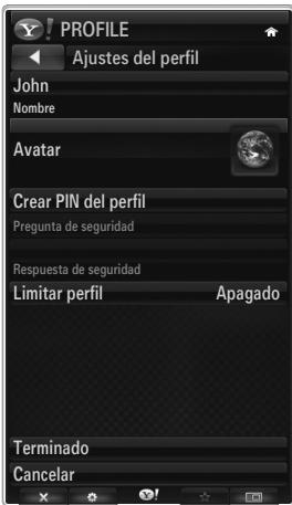 PROFILE Ajustes del perfil John Nombre Avatar Crear PIN del perfil Pregunta de seguridad Respuesta de seguridad Limitar perfil Apagado Terminado Cancelar