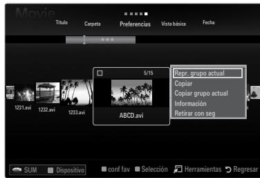 Movie Título Carpeta Preferencias Vista básica Fecha 5/15 Repr. grupo actual Copiar Copiar grupo actual Información Retirar con seg ABCD.avi SUM Dispositivo conf tav Selección Herramientas Regresar