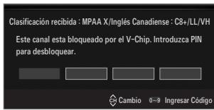 Clasificación recibida : MPAA X/Inglés Canadiense : C8+/LL/VH Este canal esta bloqueado por el V-Chip. Introduzca PIN para desbloquear. Cambio 0-9 Ingresar Código
