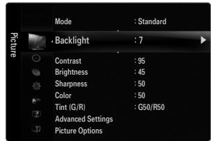 Mode : Standard • Backlight : 7 Contrast : 95 Brightness : 45 Sharpness : 50 Color : 50 Tint (G/R) : G50/R50 Advanced Settings Picture Options