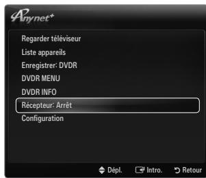 Anynet* Regarder téléviseur Liste appareils Enregistrer: DVDR DVDR MENU DVDR INFO Récepteur: Arrêt Configuration