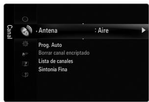 Canal , Antena : Aire Prog. Auto Borrar canal encriptado Lista de canales Sintonia Fina