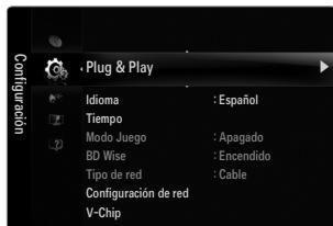 Configuración Idioma : Español Tiempo Modo Juego : Apagado BD Wise : Encendido Tipo de red : Cable Configuración de red V-Chip