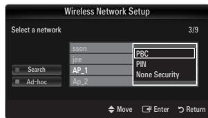 Wireless Network Setup Select a network 3/9 sson PBC joe PIN AP_1 None Security Ad-hoc Ap_2 Move Enter Return