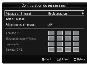 Configuration du réseau sans fil Réglage pr. Internet : Réglage autom. Test du réseau Sélectionnez un réseau : AP1 Adresse IP : Masque de sous-réseau : Passerelle : Serveur DNS : Dépl. Intro. Retour