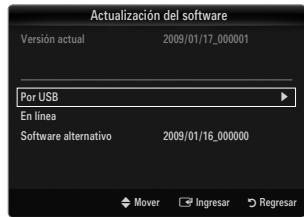 Actualización del software Version actual 2009/01/17_000001 Por USB En línea Software alternativo 2009/01/16_000000 Mover Ingresar Regresar
