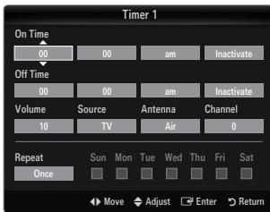 Timer 1 On Time 00 00 am Inactivate Off Time 00 00 am Inactivate Volume Source Antenna Channel 10 TV Air 0 Repeat Sun Mon Tue Wed Thu Fri Sat Once Move Adjust Enter Return
