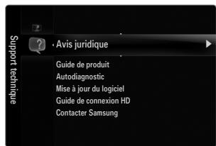 Support technique Avis juridique Guide de produit Autodiagnostic Mise à jour du logiciel Guide de connexion HD Contacter Samsung