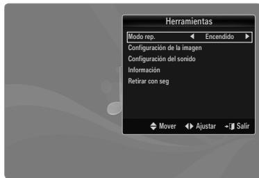 Herramientas Modo rep. Encendido Configuración de la imagen Configuración del sonido Información Retirar con seg Mover Ajustar -# Salir