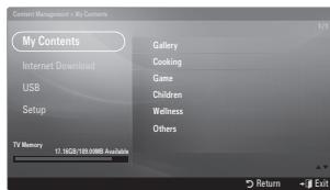 Content Management - 50% Contents My Contents Internet Download USB Setup TV Memory 17.16GB/189.9999 Available Gallery Cooking Game Children Wellness Others Return - Exit