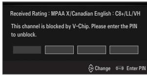 Received Rating : MPAA X/Canadian English : C8+/LL/VH This channel is blocked by V-Chip. Please enter the PIN to unblock. Change 0-9 Enter PIN