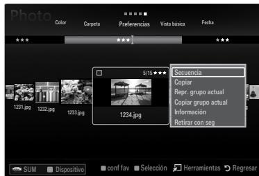 Photo Color Corseta Preferences Vista básica Fecha 5/19 ★★★★ Secuencia Copiar Repr. grupo actual Copiar grupo actual Información Retirar con seg 1231.jpg 1232.jpg 1233.jpg 1234.jpg SUM Dispositivo conf fav Selección Herramientas Regresar