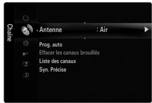 Chaine Antenne : Air Prog. auto Effacer les canaux brouillés Liste des canaux Syn. Précise