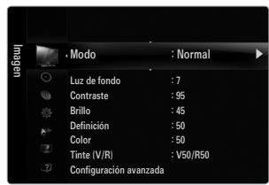 Modo : Normal Luz de fondo : 7 Contraste : 95 Brillo : 45 Definición : 50 Color : 50 Tinte (V/R) : V50/R50 Configuración avanzada