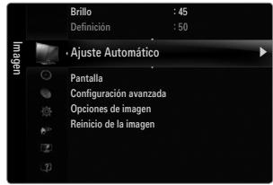 Brillo : 45 Definición : 50 Ajuste Automático Pantalla Configuración avanzada Opciones de imagen Reinicio de la imagen